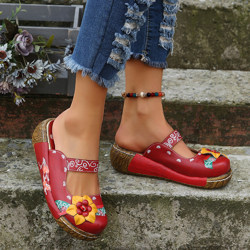 2025 Summer New Cross-Border Export Sandals Mule Shoes Ethnic Style Flower Handmade Thick-Soled Retro Women's Sandals