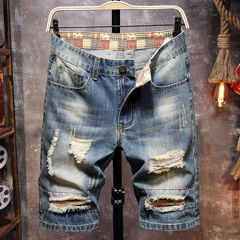 2025 Summer Men's Ripped Denim Shorts Loose Straight-Leg Five-Fifth Pants Casual Easiest for Match Beggar Half-Length Men's Medium Pants