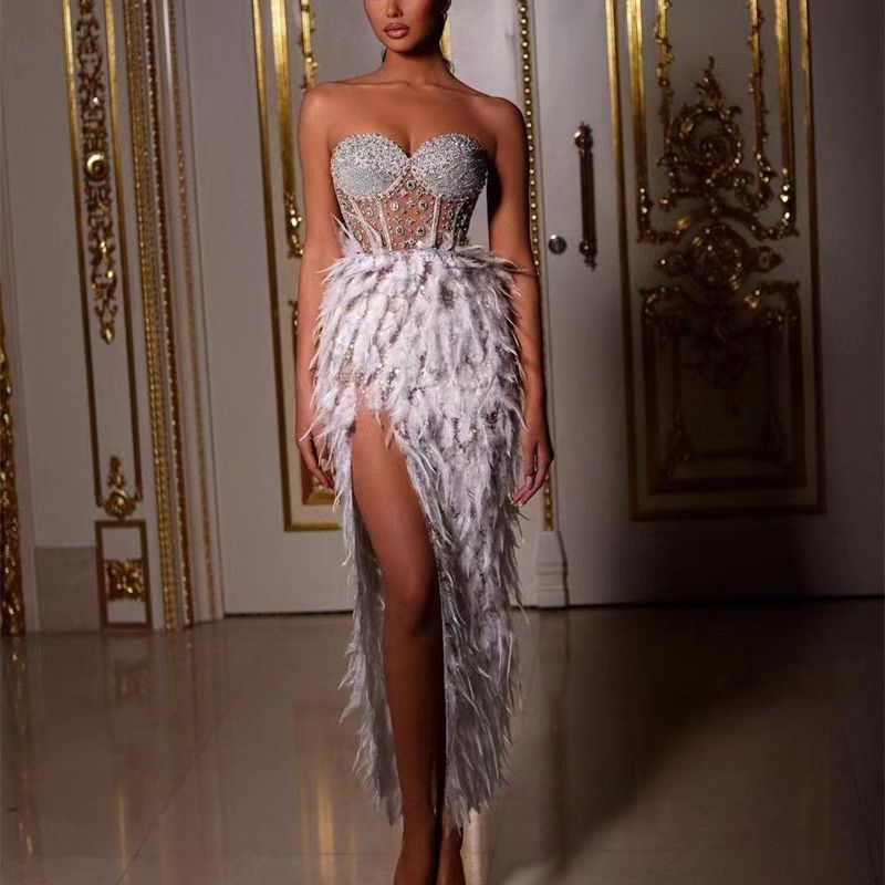 Cross Border Gorgeous Feather Rhinestone Beaded Sexy Perspective High Split Strapless Dress Birthday Party Party Dress