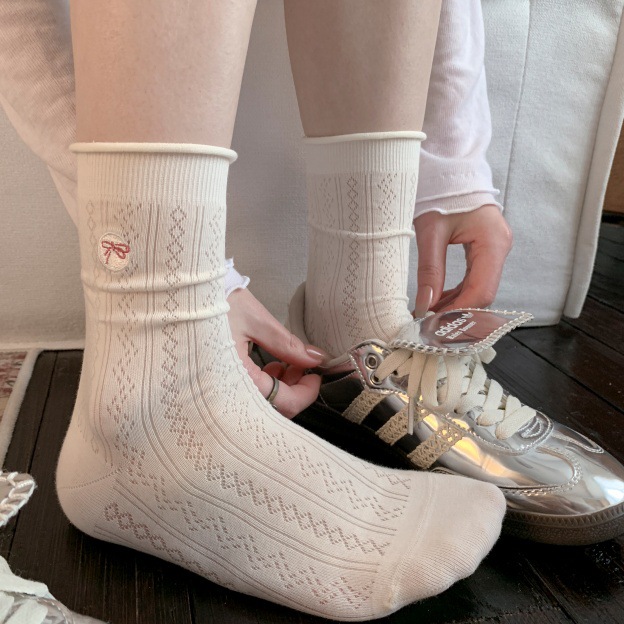 Spring and Autumn Socks for Women, Mesh Seamless Mid-Calf Socks, Cartoon Embroidery, Cute Japanese Style, Winter Color-Blocking Diamond-Shaped Long Socks