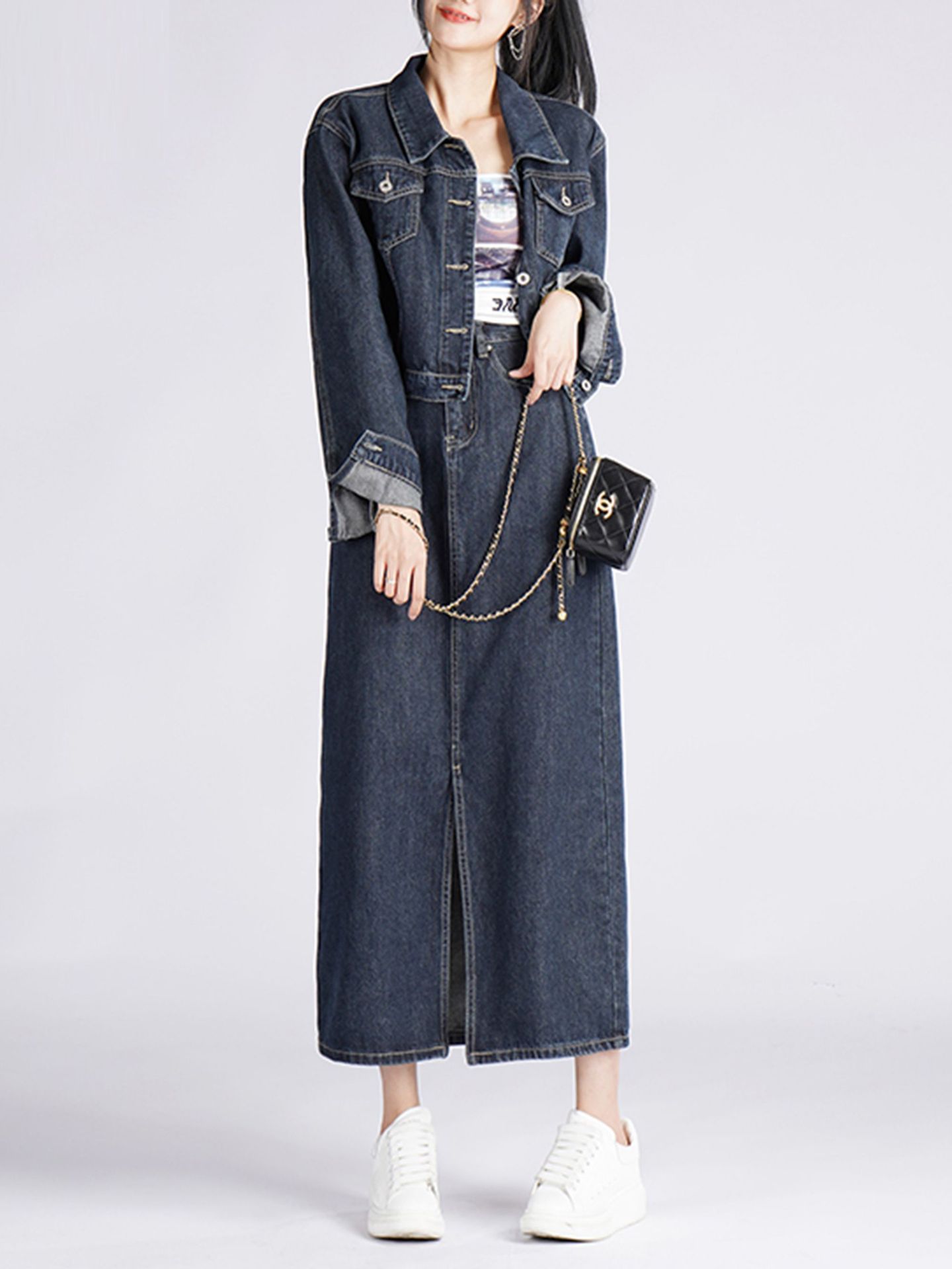 26 Spring/Summer New Dark Blue Loose Suit Top Denim Jacket 22873 Slit Hip-Hugging Denim Skirt 22874
