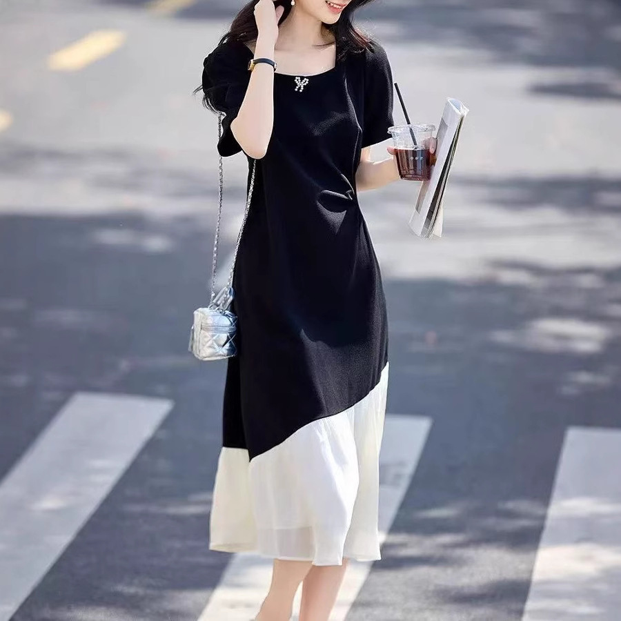 French-Style Elegant Hepburn-Style Dress, New Spring and Summer Model, Waist-Cinching, Slimming, Color-Blocking, Square-Neck, Age-Reducing Little Black Dress