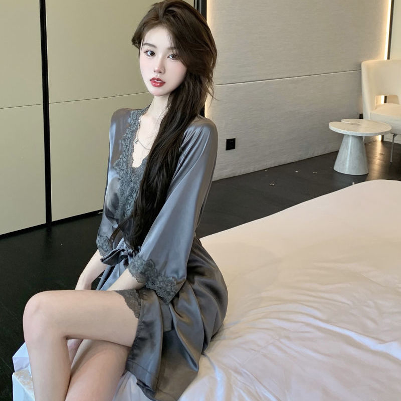Lace Ice Silky Nightgown Home Clothes Autumn Thin Sex Confusion Sling Satin Sling Pajamas Two-piece Set
