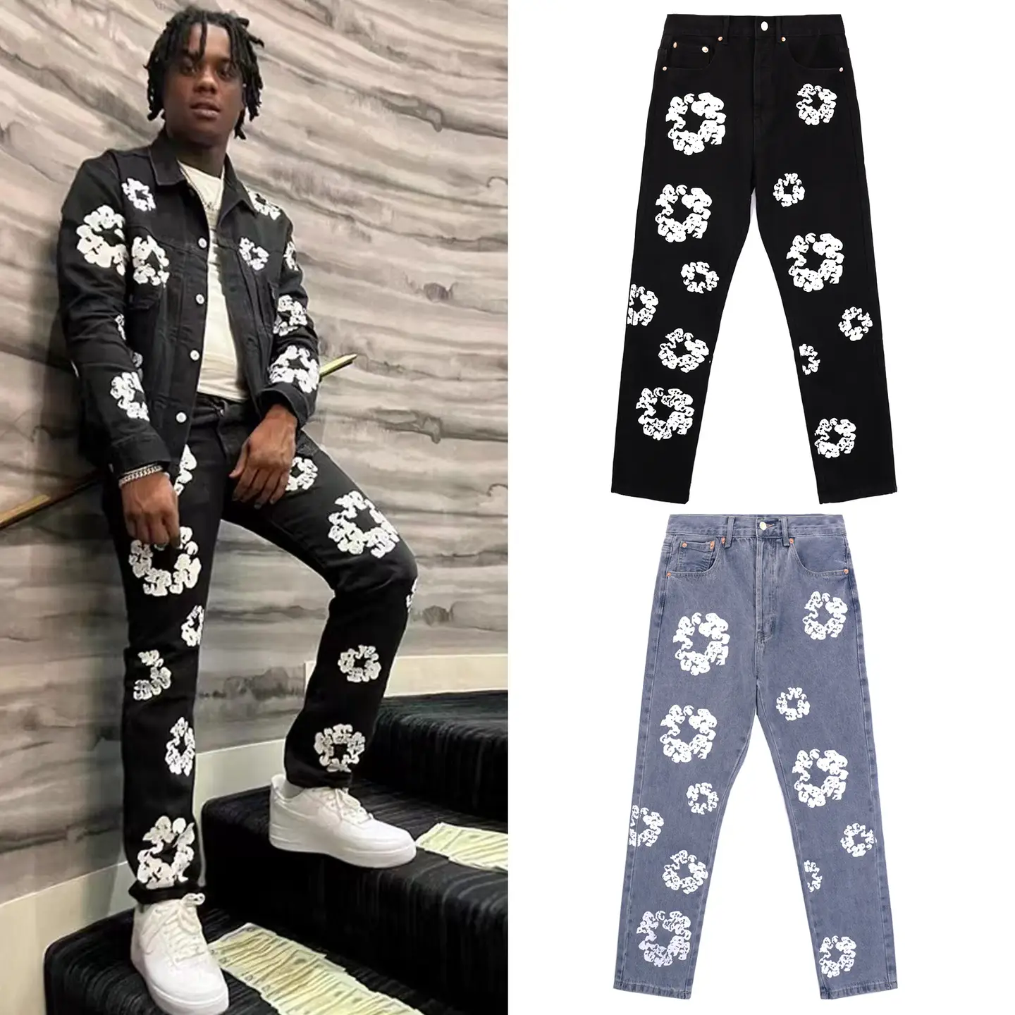 Ins American High Street Washed Kanye Printed Jeans Casual Versatile Men's and Women's Trendy Brand Pants Wholesale