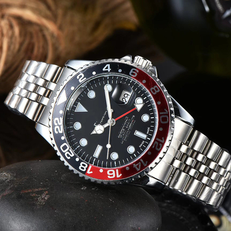 Foreign Trade Red and Black Circle Rolex-Style Men's Watch, Submariner Steel Band Watch, Calendar Fashion Quartz Watch Wholesale Foto QC de 1688 na Qualit.ly