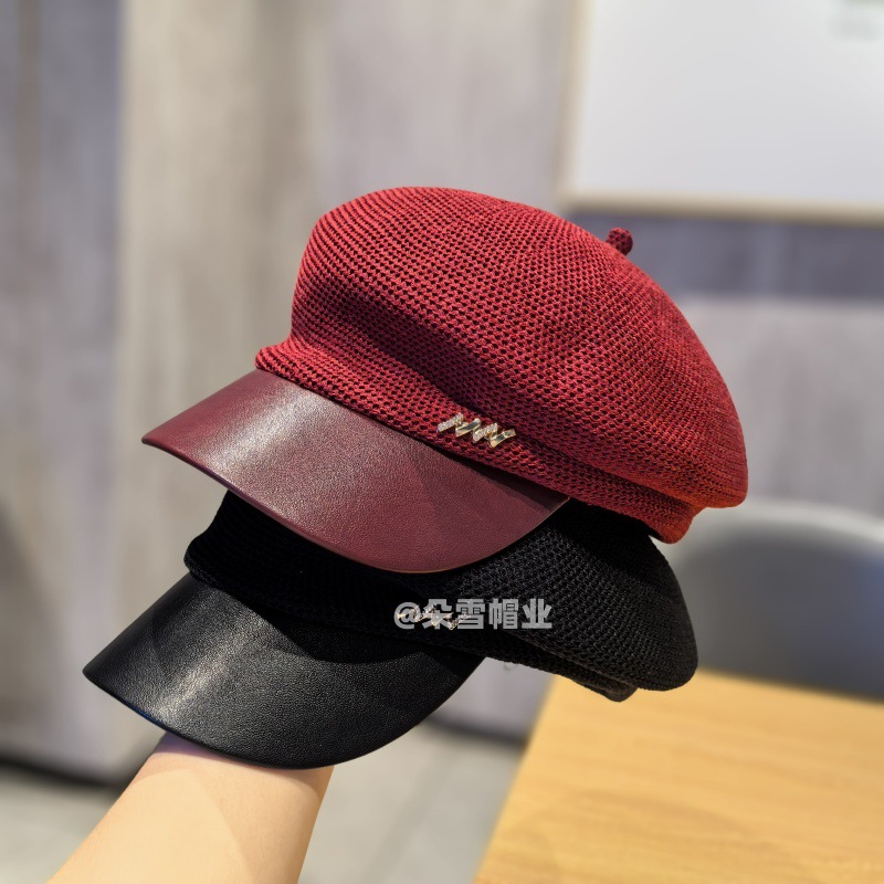 2025 new knitted newsboy cap rhinestone standard peaked cap breathable octagonal cap sun cap casual newsboy student cap