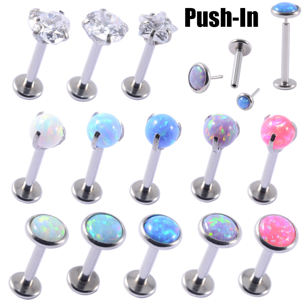 Cross-Border 16g Pin Earrings T-Shaped Opal Tongue Nails with Zircon Opal Lip Nails Ear Bone Nail Opal Earrings