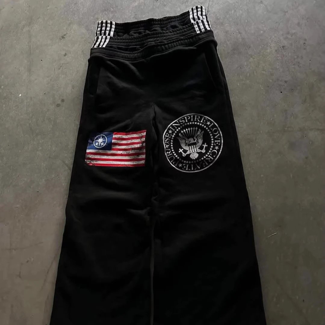 European and American Double Waist New Trendy Brand Trousers Letter Embroidery Printing Street Style Fashion Wide Leg Personalized Cross-border Sweetpants