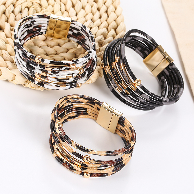 Cross-border European and American Explosions Alloy Leopard Magnet Buckle Leather Bracelet Beaded Leather Rope Bracelet Bracelet Jewelry