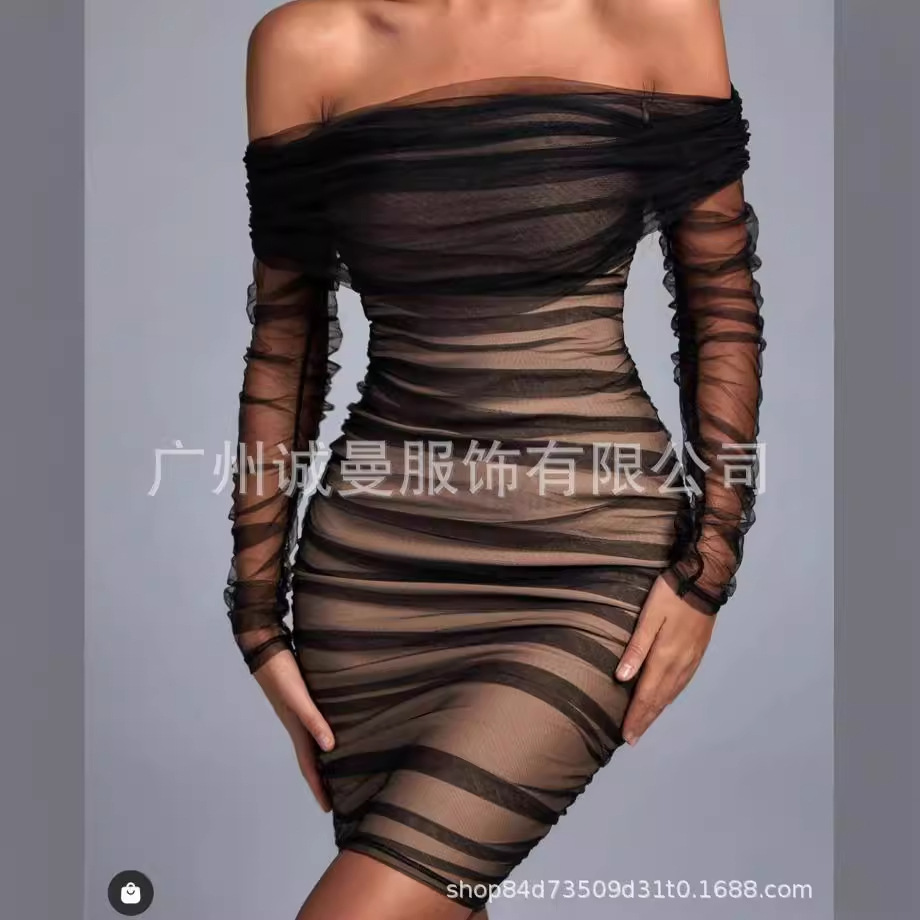 European and American Foreign Trade Ready-Made New Style Waist Mid-Skirt Temperament Commuting Sexy Mesh One-Shoulder Bandage Dress Sexy Girl