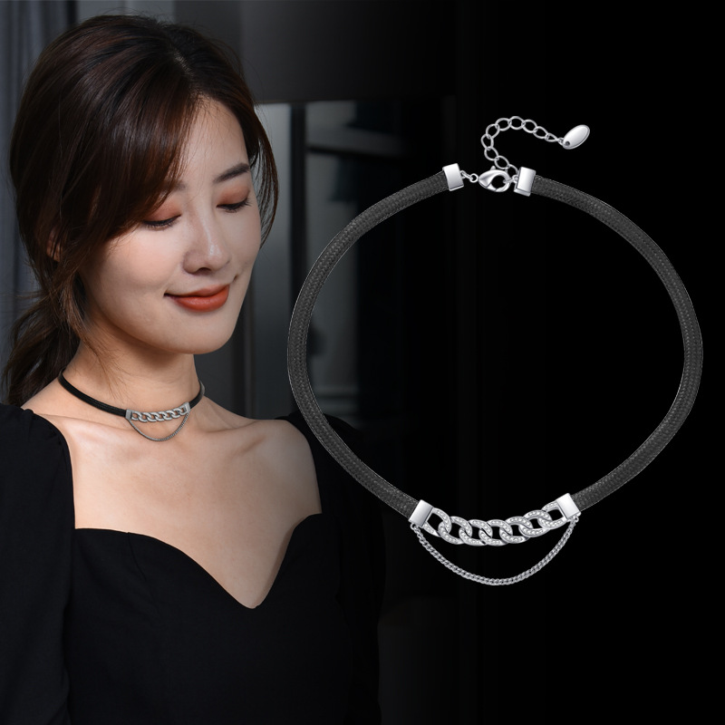 Autumn and Winter New Necklace Korean Style High Quality Leather Rope Necklace Women's Cuban Chain Inlaid Zircon Elegant Cyber Celebrity Collar