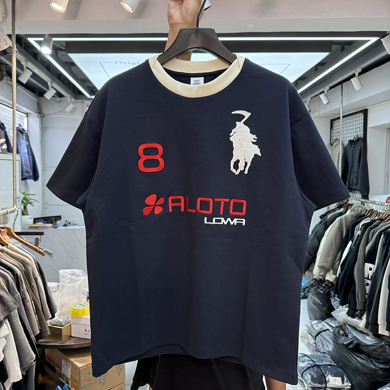Summer American High Street Retro Embroidered Letter Logo Loose Oversize Color-Blocked Round Neck Short-Sleeved T-Shirt for Men and Women Foto QC de TAOBAO na Qualit.ly
