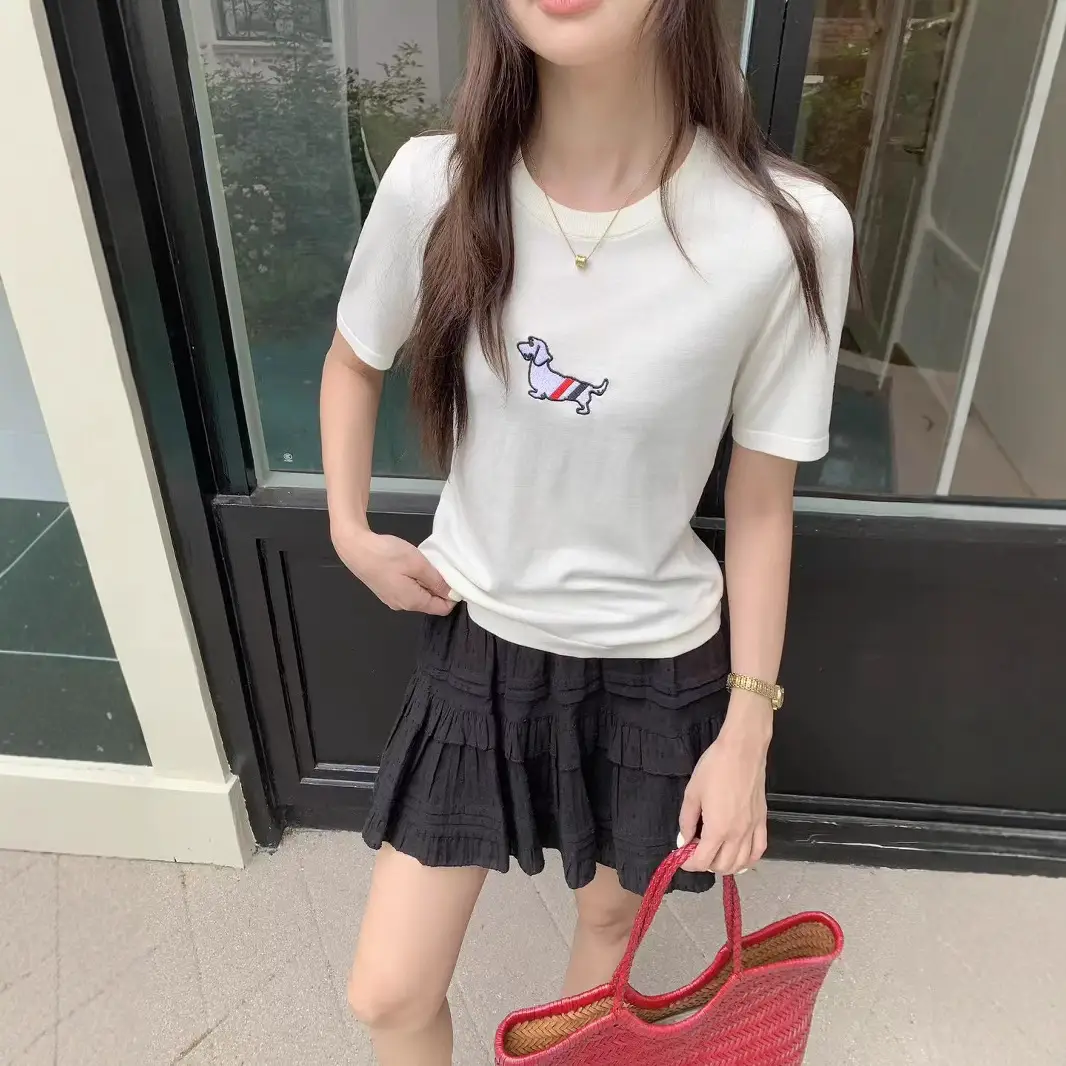 高定TB家小狗刺绣针织短袖25年夏季新款学院风时尚百搭薄款t恤女
