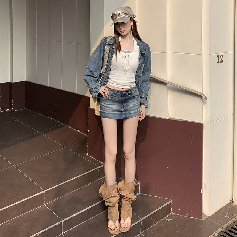 Vintage Distressed Stretch Denim Short Skirt for Women, 2026 Summer New Style, High-Waisted A-Line Slimming Bodycon Skirt