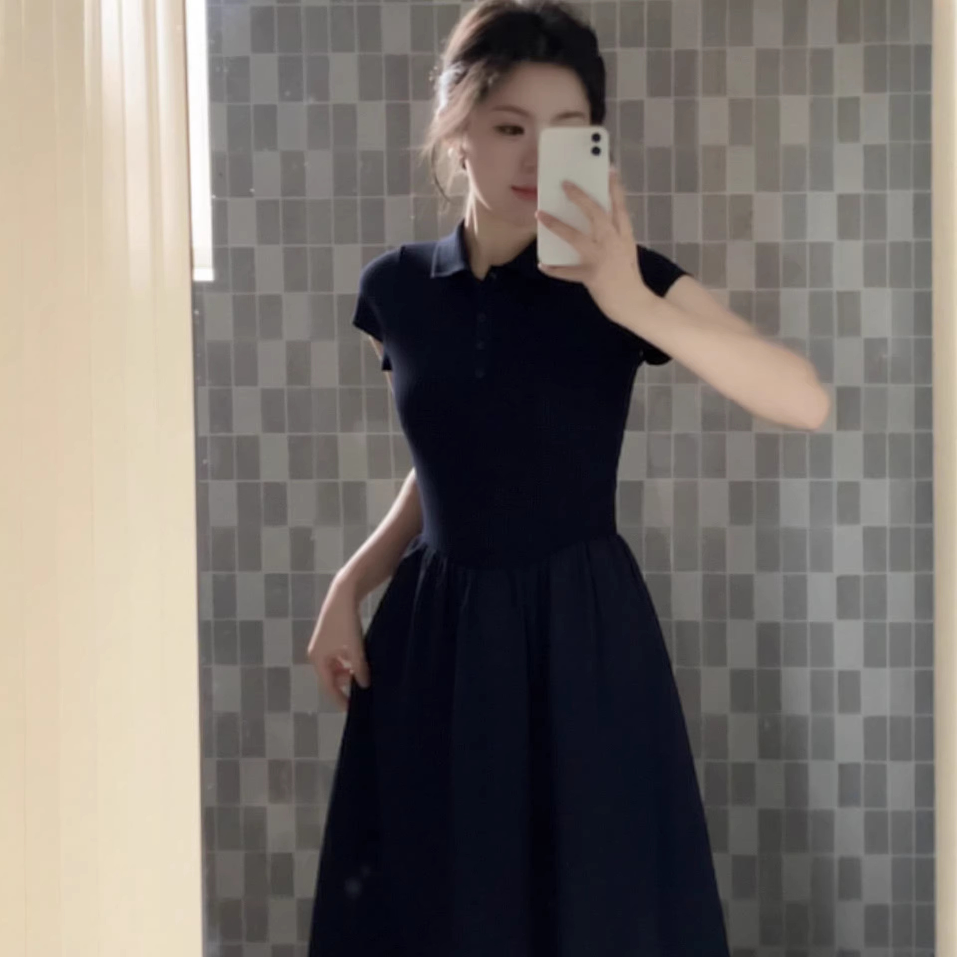 Navy Blue Long Dress for Women, Early Summer Hepburn Style, Waist-Cinching A-Line Slimming Dress with Straight Shoulders, Polo Collar Dress