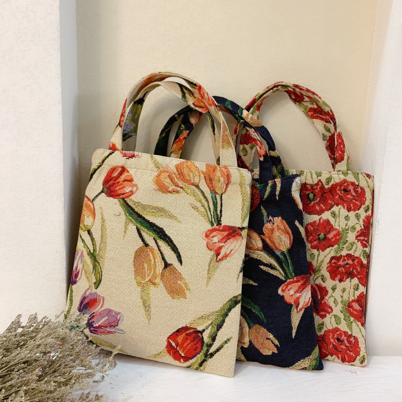 Vintage Oil Painting Color Tulip Jacquard Carry-on Hand Bag for Work Hand-held Small Cloth Bag Hand-held Women's Bag Shoulder Bag