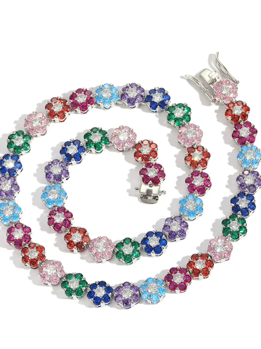 9mm Colorfulful Flower-Shaped Zircon Tennis Necklace Zircon Single Row Chain Hip-Hop European and American Style Couple Ladies Simple Necklace