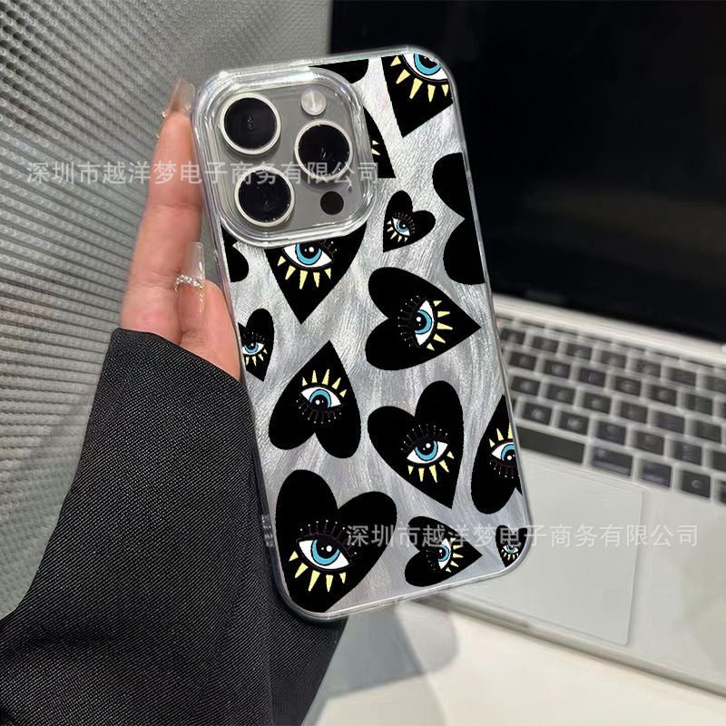 Black Heart Eyes Iphone17Pro Feather Yarn Mobile Phone Case 16/15/14/13 Feather Yarn 12 Apple 11Xsm7