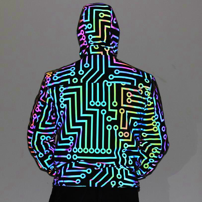 European and American Circuit Pattern Colorful Reflective Jacket Cross-Border Amazon Men's and Women's Hip-Hop Rainbow Color Reflective Jacket Men's Clothing