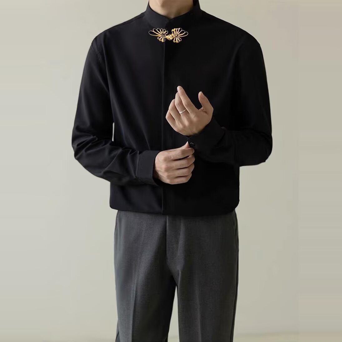 New Chinese Style Light Mature Style Shirt Men's Bridegroom Wedding Registration Dress Engagement Interior Black Lining Collar Long Sleeve Shirt