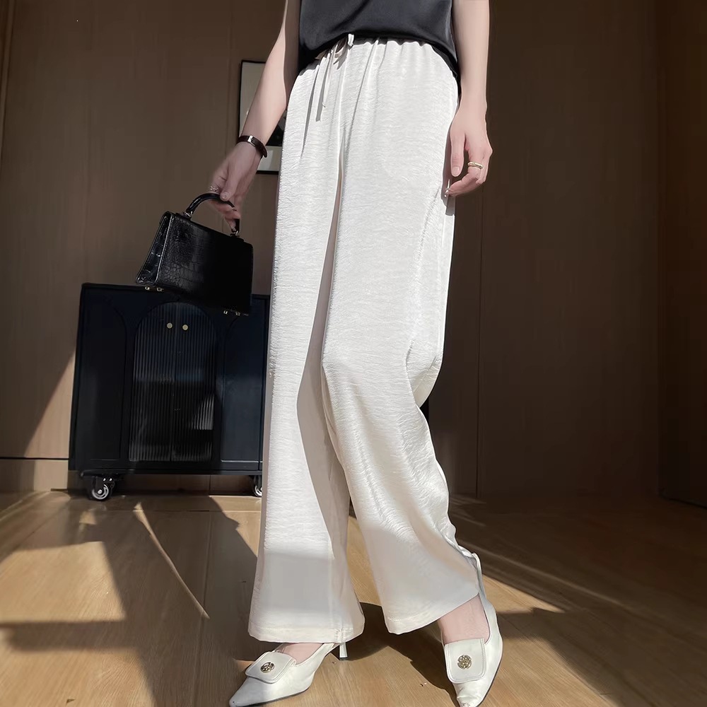 Satin Texture Pleated Wide-Leg Pants for Women, Summer High-Waisted Drapey Sun-Protective White Ice Silk Straight-Leg Pants