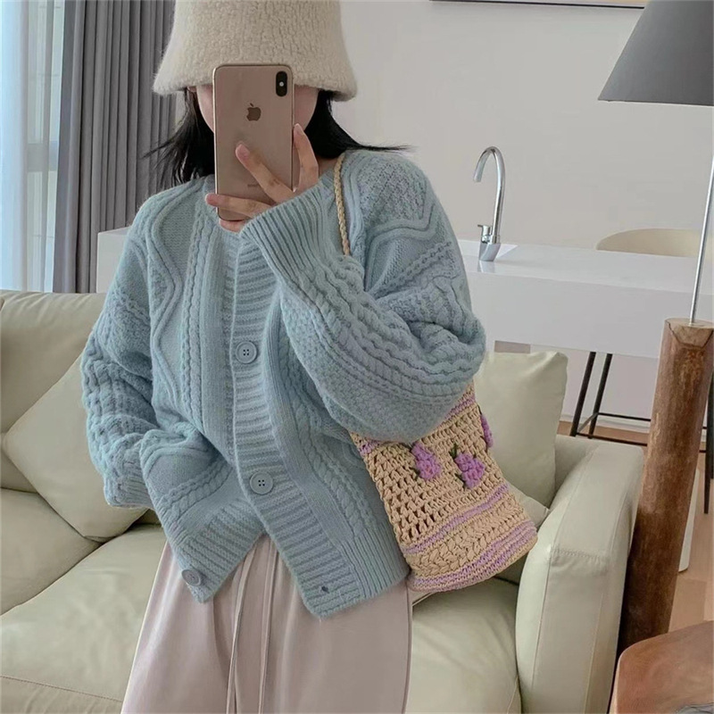 Japanese Style Retro Twist Sweater Jacket for Women Autumn and Winter New Loose Lazy Style Soft Waxy Pure Color Knitted Cardigan Top