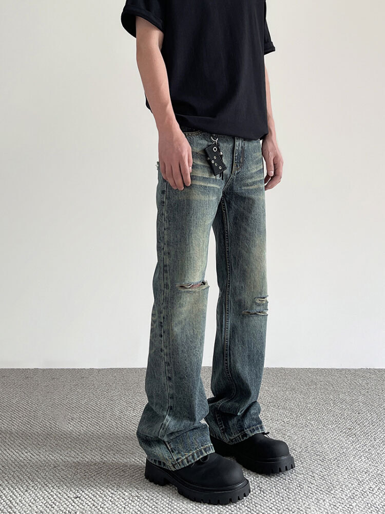 American Style High Street Retro Old cleanfit Ripped Jeans Men's and Women's Straight All-match Micro Vibe Trendy Pants