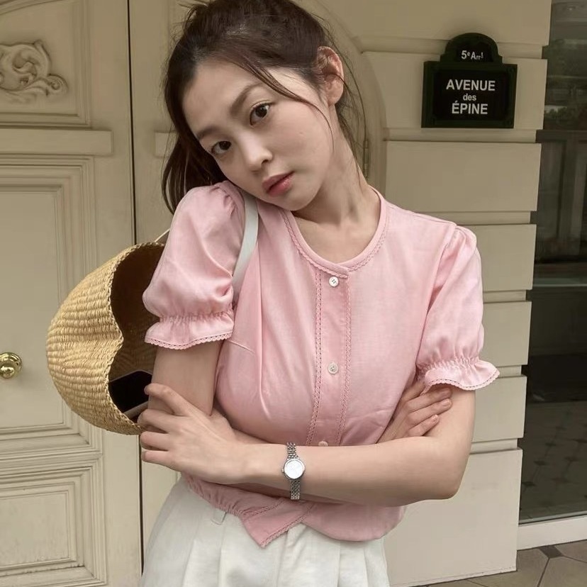 Now South Korea's Dongdaemun designer Ho **s 23 summer atmosphere linen cotton short sleeve temperament pink shirt