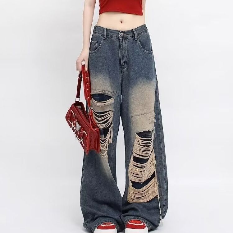 American retro style spring and autumn loose straight wide-leg pants niche design fashion brand mop pants ripped jeans