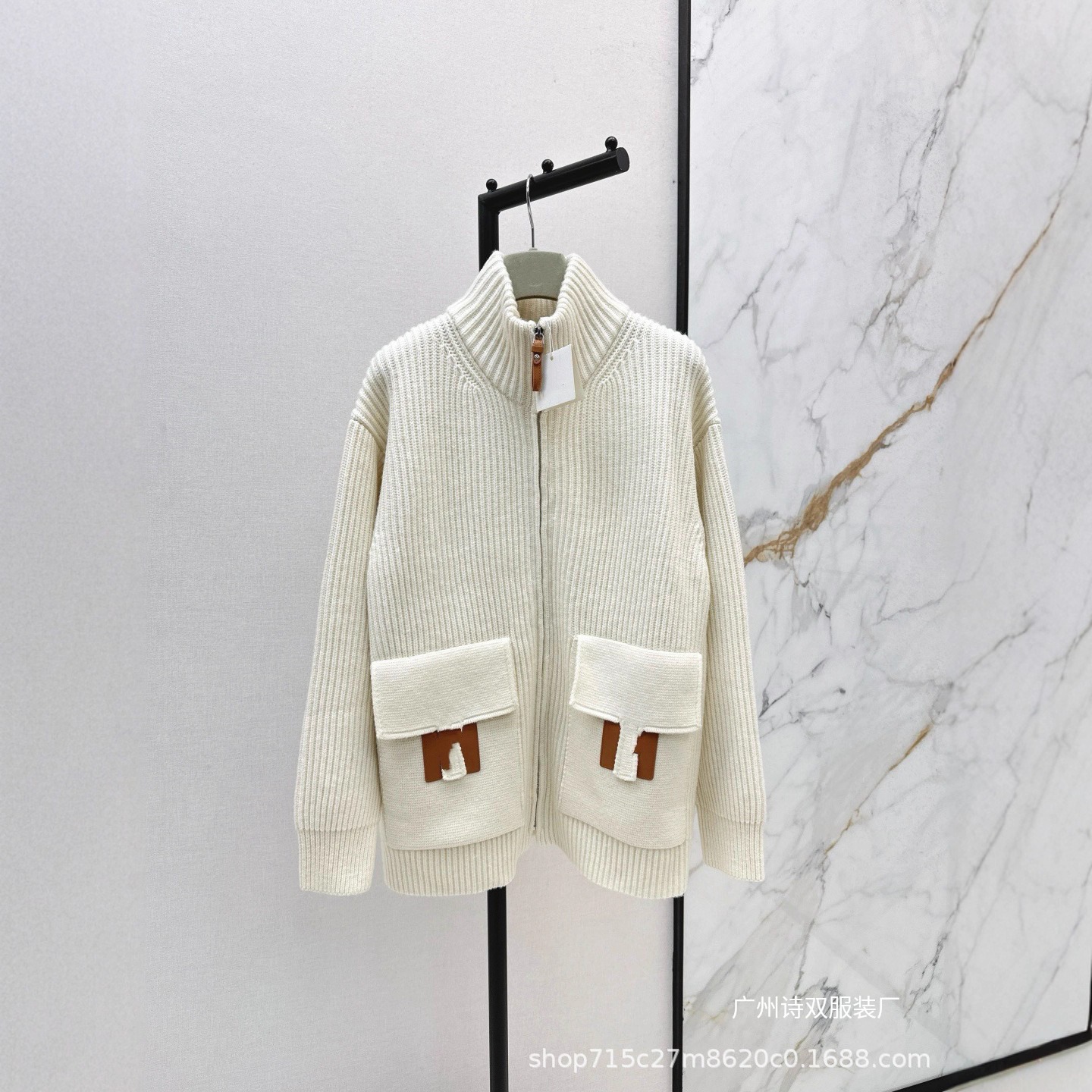 Shenzhen Nanyou 25 Autumn/Winter Stylish Versatile Slimming Large Pocket Wool Knit Stand Collar Long Sleeve Cardigan Sweater Foto QC de 1688 na Qualit.ly