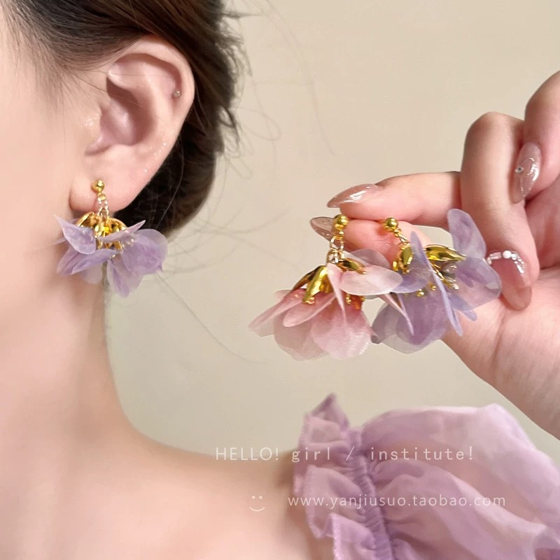Super Fairy-Like Gentle Style Purple Tassel Petal Earrings for Women, Exaggerated Sweet Earrings, Stunning Holiday Style Internet Celebrity Earrings