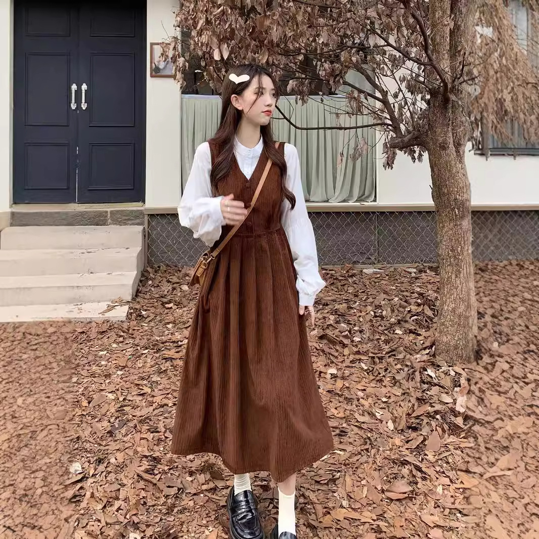 Corduroy 2025 Autumn Sweet Forest Style Mid-Length Waist-Cinching A-Line Skirt V-Neck Suspender Dress Women's Suit Dress