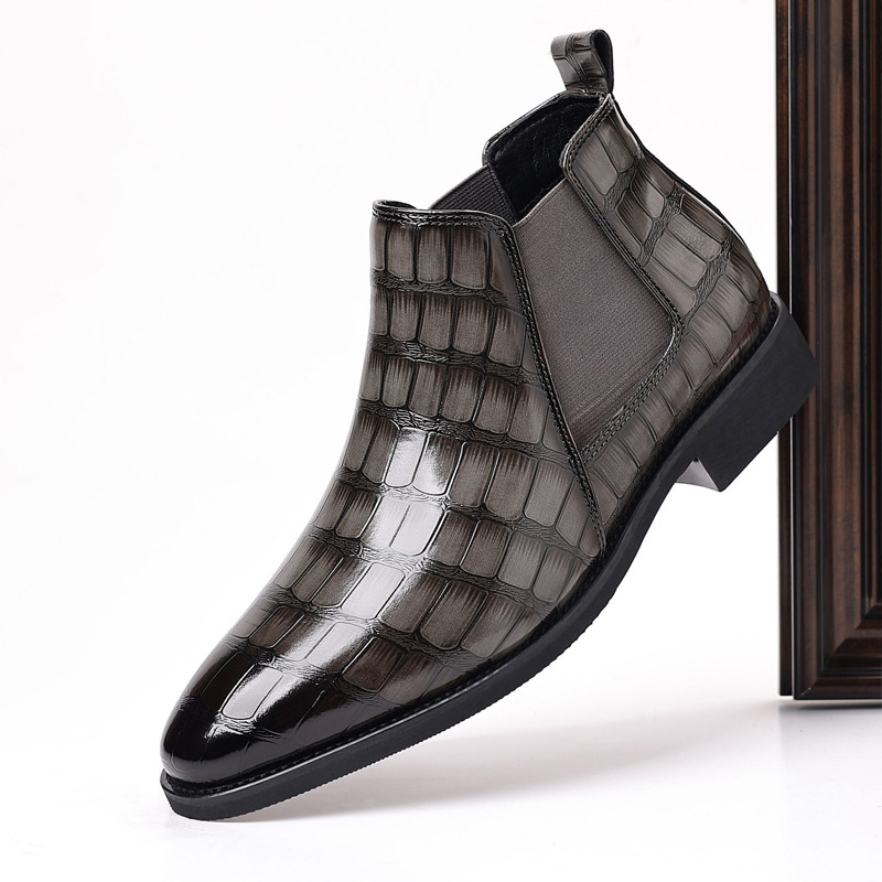 Q88 Chelsea Boots for Men, British Style, Fashionable Pointed Toe, Retro Crocodile Pattern, Hairstylist Casual High-Top Leather Shoes, Trendy