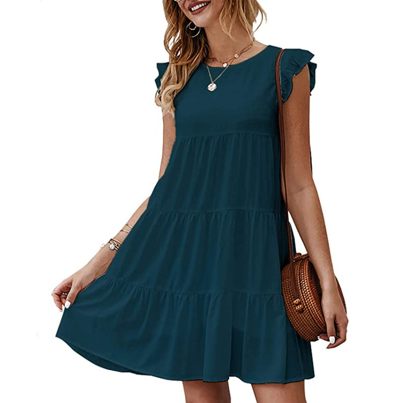 2023 European and American summer women's clothing new European and American dress solid color round neck short sleeve casual cake skirt pleated large swing