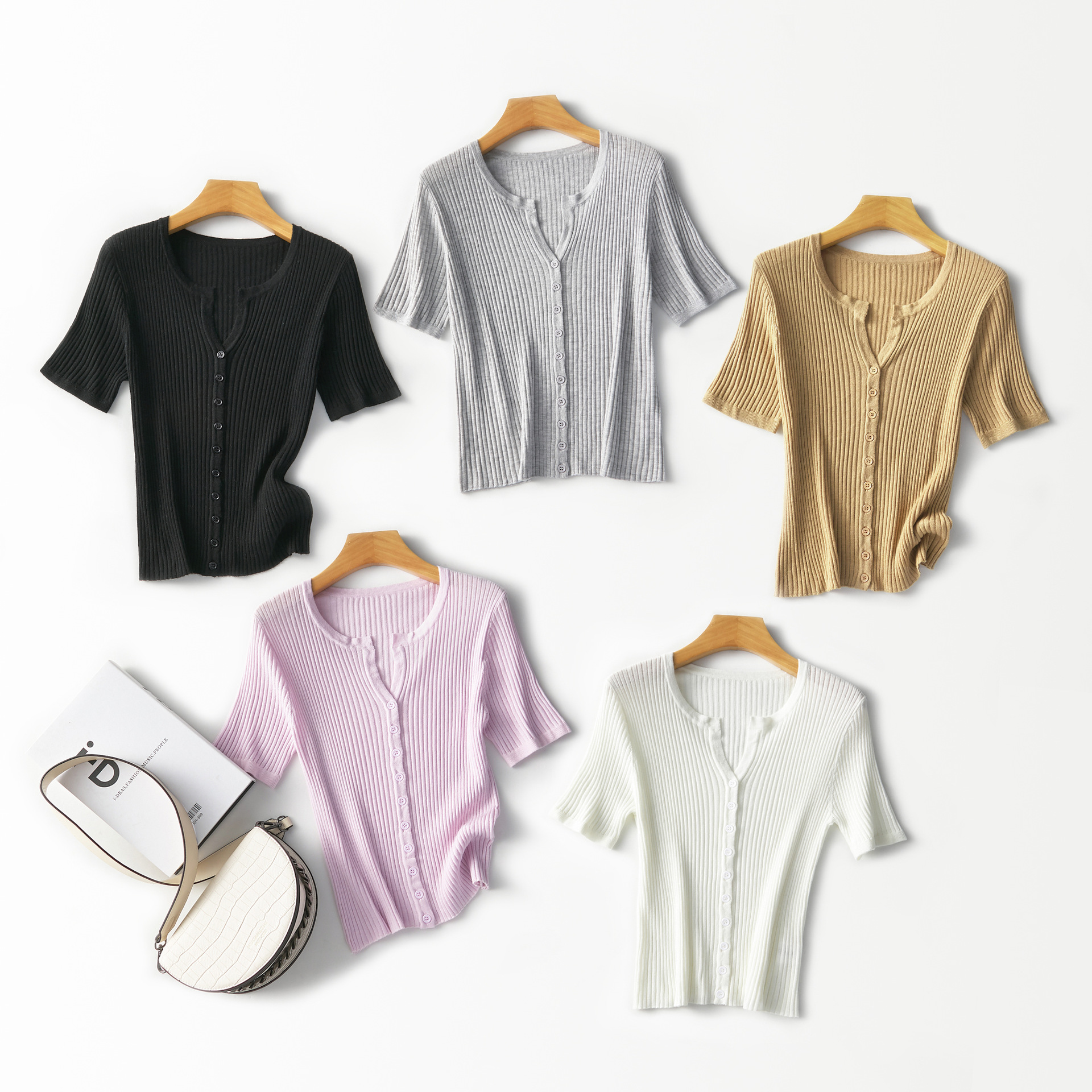 Elastic Ribbed Slim-Fit Lyocell Linen V-Neck Short-Sleeve Breathable Comfortable Knit Cardigan for Summer
