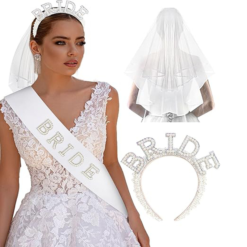 Cross-Border Fashion Bride Bachelorette Party Bride Pearl Crystal Shoulder Straps Veil Headband Ribbon Wholesale