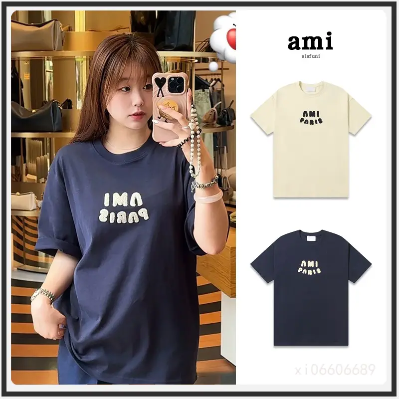 Ami Short-Sleeved Letters 25Ss Spring and Summer New Fashion Brand Pure Cotton Loose and Versatile Casual High-End Sense Same Style for Men and Women