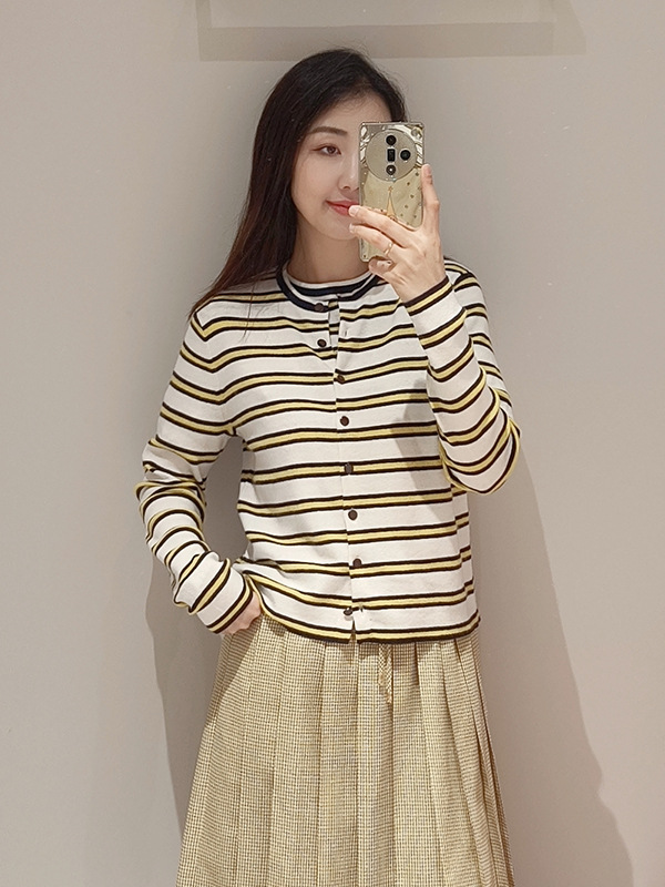2026 Spring New Style Wool Blend Striped Knitted Cardigan for Women, Fine-Spun Versatile Round-Neck High-End Elegant Top