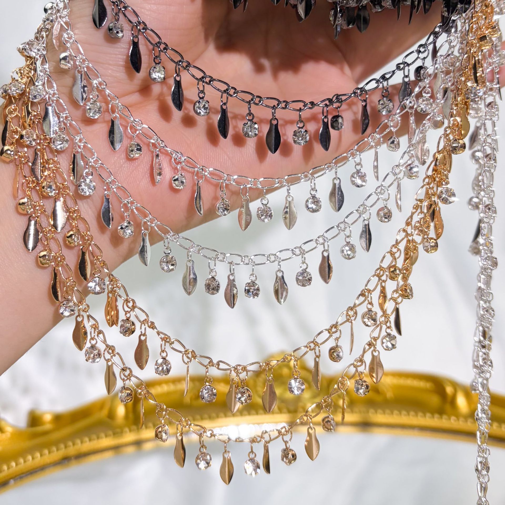 DIY Chain, Sequin Water Drop Chain, Rhinestone Wheat Spike Handmade Metal Chain, Hair Crown Tassel Chain, Ethnic Clothing Accessories