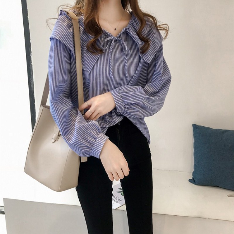 Cross-border Spring Clothes Doll Collar Lace-up Shirt Long-sleeved Shirt Distinctive Cotton and Linen Student T-shirt Shirt Base Shirt