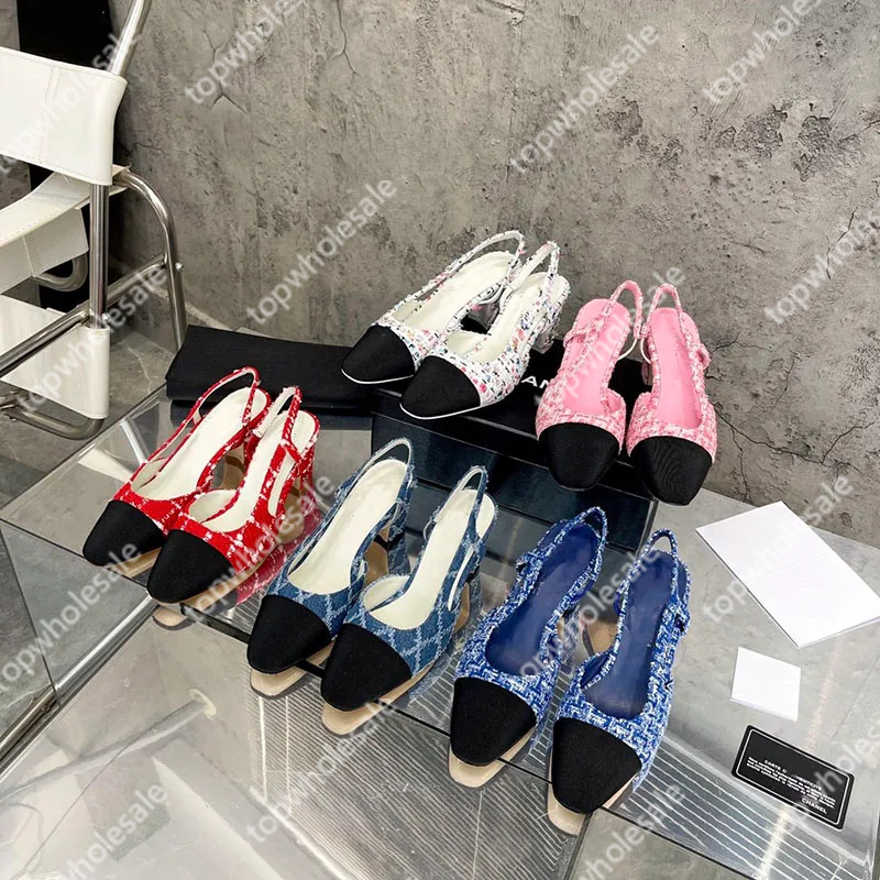 in stock New Style Chanel Style Woven Tweed Patchwork Round-toe Thick-heeled Single-layer Shoes Women's Loafed-heeled Open-heeled Sandals