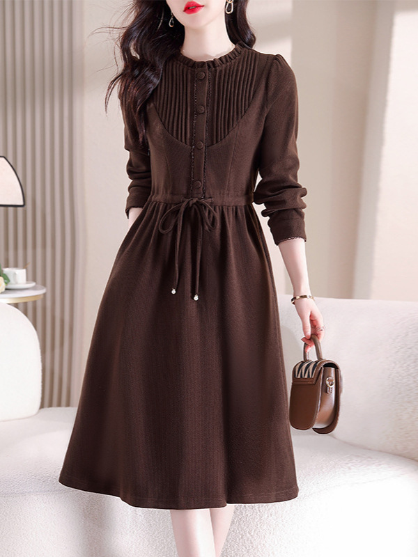Barn-Style Thickened Coffee-Colored Cotton Velvet Dress with Pockets, Elegant and Stylish, Simple Mid-Length Base Dress
