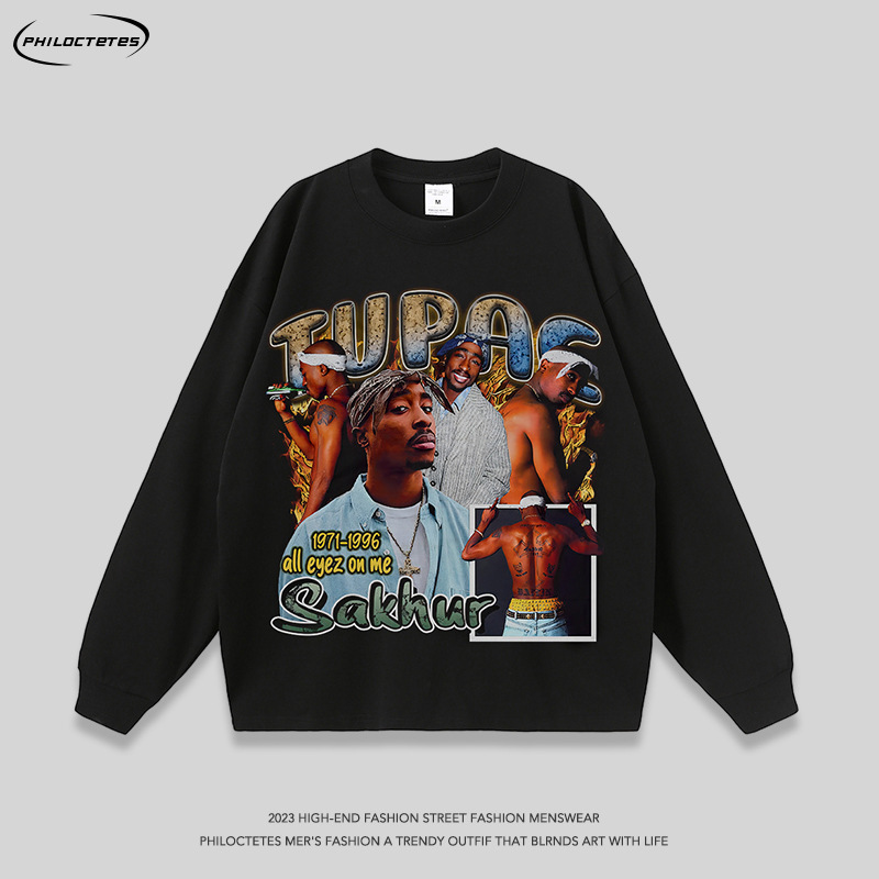 Hip hop distressed washed rapper printed long-sleeved T-shirt men's and women's European and American street fashion casual base tee