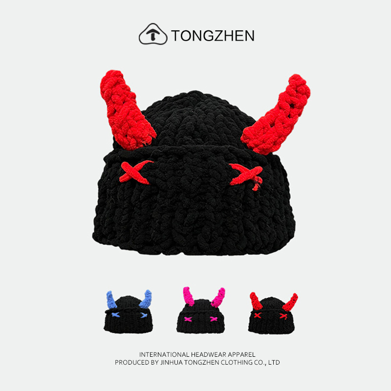 Designer handmade devil horn knitted hat for women autumn and winter fashion concave style street personality woolen hat fashion