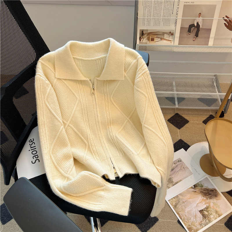 2023 New girls' double zipper lapel short knitted cardigan women's autumn loose lazy twist sweater