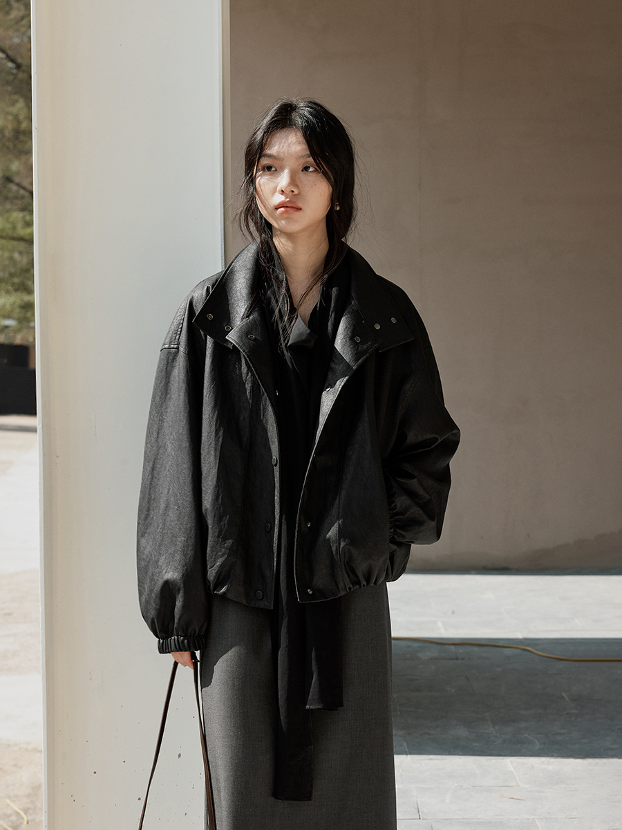 Love and Nancy Thirteen Lines 2026 Spring/Summer Korean Style Pu Stand Collar Loose Single-Breasted Leather Jacket 04085