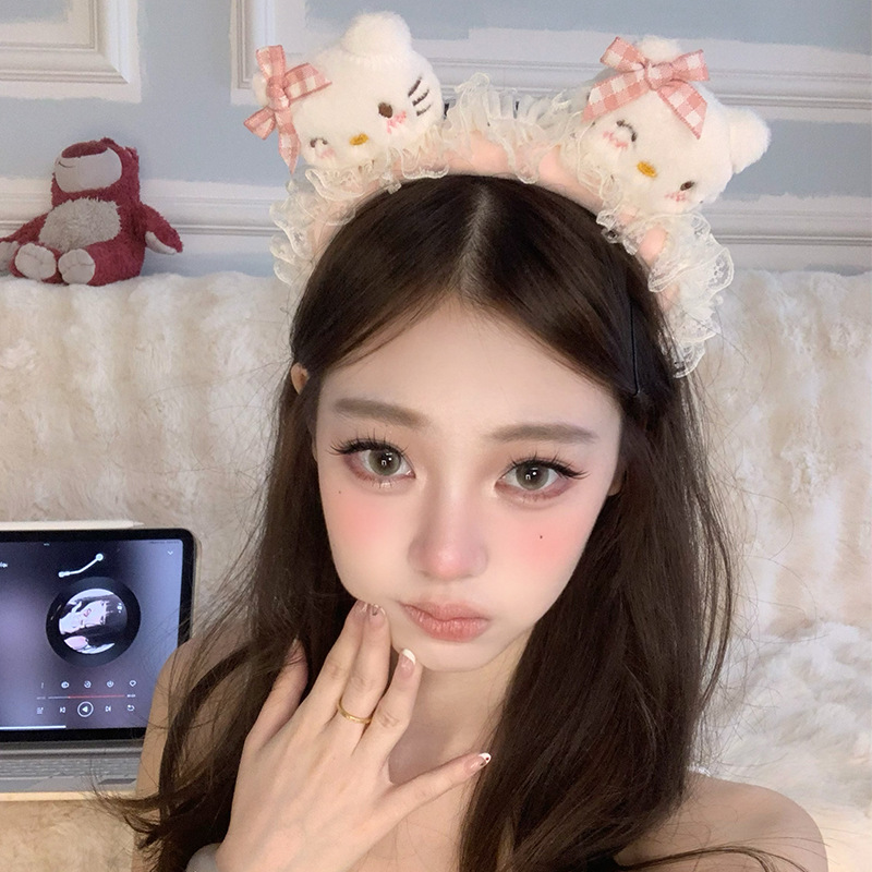 KT head! Cute Lace Plush Hair Hoop Women's 2024 New Internet Celebratory Face Wash Hair Hoop Hair Stamp Hair Bundle