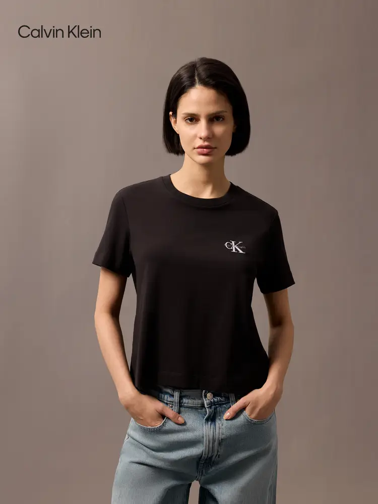 CK Jeans25 Spring/Summer New Arrival Women's Classic Embroider Pure Color Crew Neck Inner Stretch Short Sleeve T-shirt 47ab801