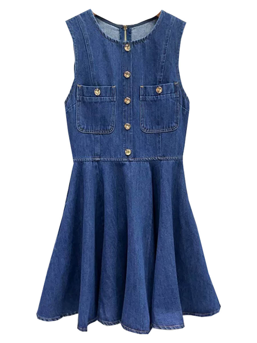 M's 2026 Spring-Summer New Casual and Sweet Round-Neck Denim Dress with Gold Buckle Decoration and Waist-Cinching Vest Dress