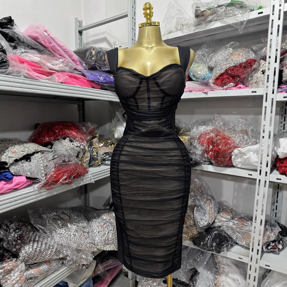 New Sexy V-Neck Spaghetti Strap Mesh Fishbone Bodycon Mid-Length Dress Women's Gown